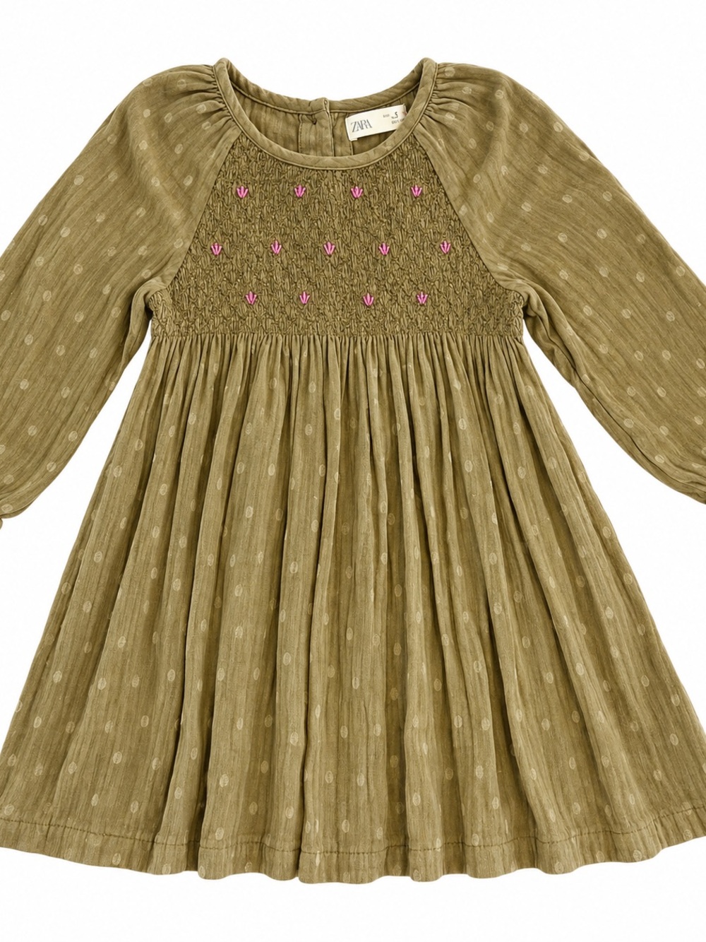 Zara Girls 5 Olive Green Smocked Embroidered Long Sleeve Boho Dress